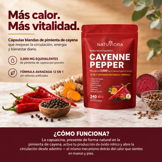 Cápsulas de Pimienta de Cayena 12 en 1 — Circulación, Energía y Bienestar — 240 Cápsulas Blandas