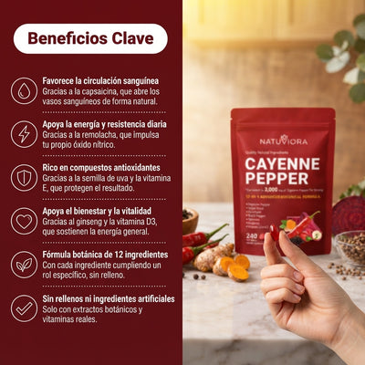 Cápsulas de Pimienta de Cayena 12 en 1 — Circulación, Energía y Bienestar — 240 Cápsulas Blandas