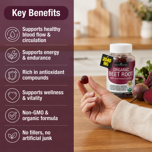 Organic Beet Root Gummies – Nitric Oxide, Blood Flow & Performance Support, 2040mg
